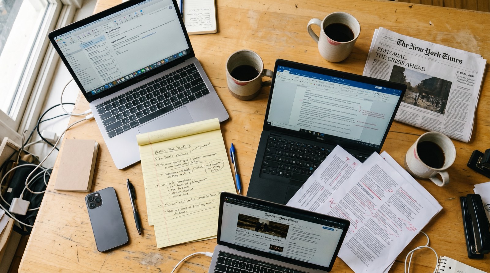 Newsroom table with three laptops, mugs, an open New York Times, and a ringing phone, warm afternoon light