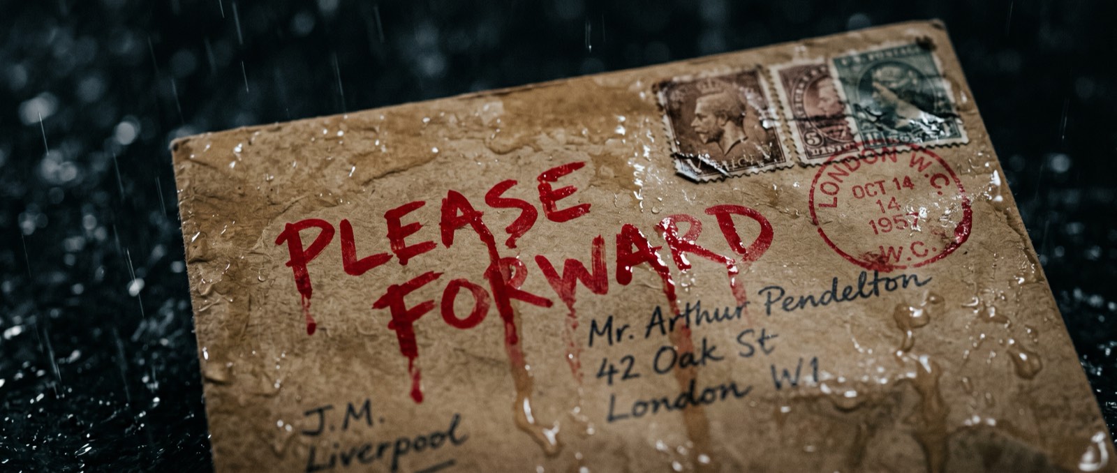 Kraft envelope wet from rain with red ink reading PLEASE FORWARD, stamps and postal marks, atmospheric close-up