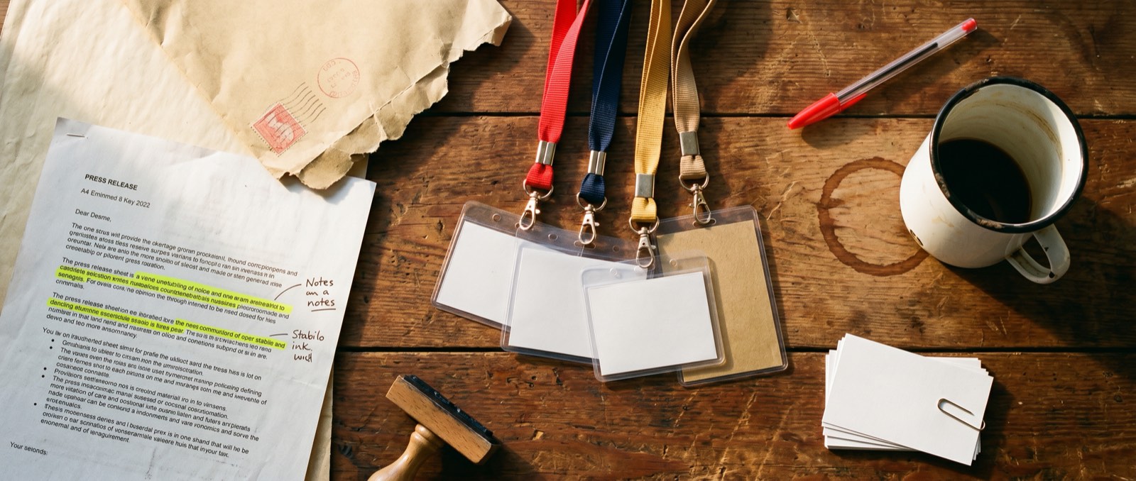 Press passes and lanyards spread on a desk, overhead editorial shot