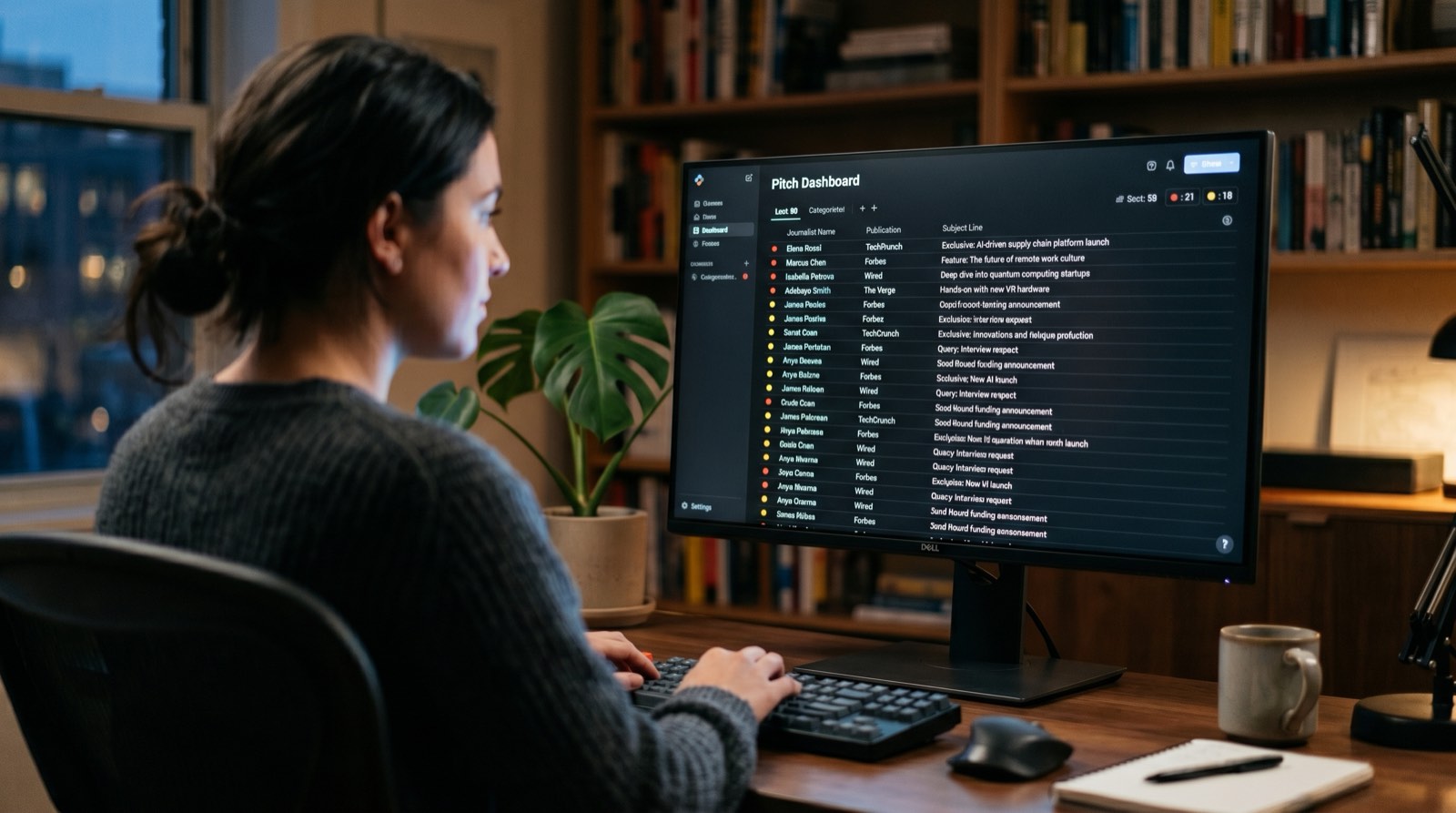 Stylized email dashboard with dozens of personalized pitches queued and organized